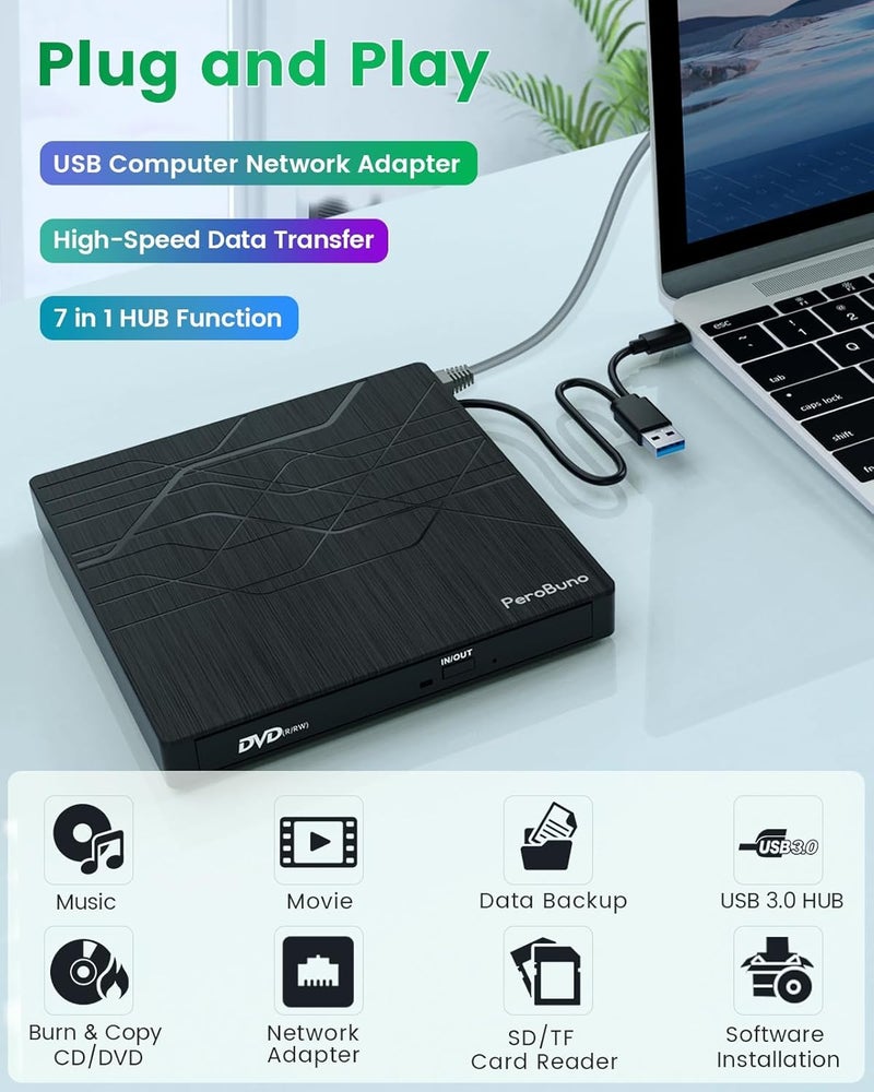 PeroBuno Super External CD DVD Drive, USB 3.0 DVD Burner with Ethernet Adapter, 3 USB and 2 TF/SD Card Ports, CD DVD Player Reader Writer Optical Disk Drive for Laptop MacBook PC Windows 11/10/8/7 Linux Mac OS - Image 2